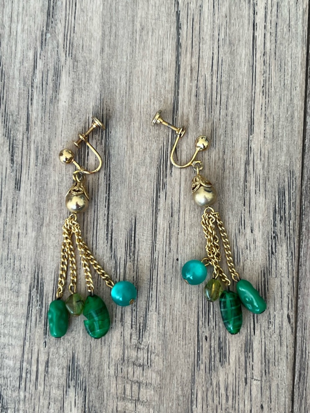 Vintage Gold-Tone Green Bead Tassel Earrings